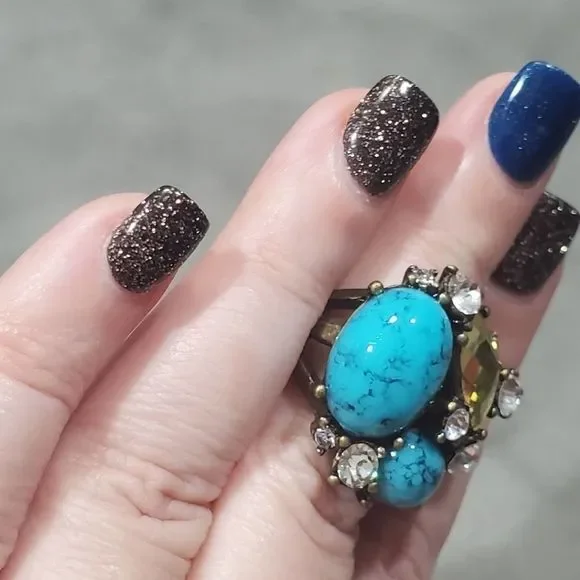 Turquoise Yellow Stone Rhinestone Statement Ring Antique Brass Stretch‎ Band - Picture 6 of 6